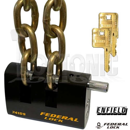 Federal Heavy Duty Rectangular Motorbike Padlock + Through Hardened Chain - Picture 1 of 11