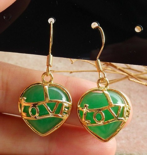 Genuine Green Jade Love Heart Yellow White Gold Plated Luck Hook Dangle Earrings - Picture 2 of 14