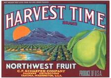Original HARVEST TIME pear crate label C.F. Schaefer Co. Yakima WA harvest moon