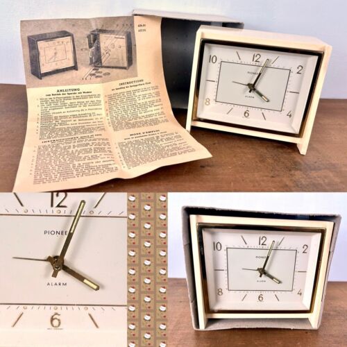 Vintage Pioneer Alarm Made In West Germany MCM Boxed Wind Up Clock Cream Plastic - Afbeelding 1 van 11