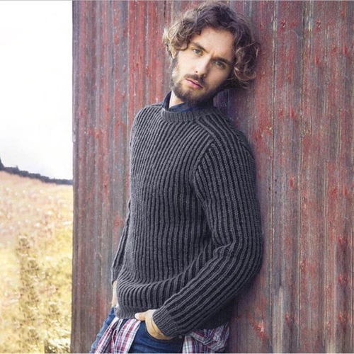 Men's solid color knit thick pullover crew-neck top - Picture 5 of 9