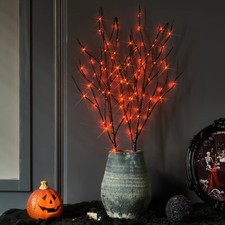32IN Black Halloween Lighted Branches, 100 LED Orange Lights, Timer, Battery