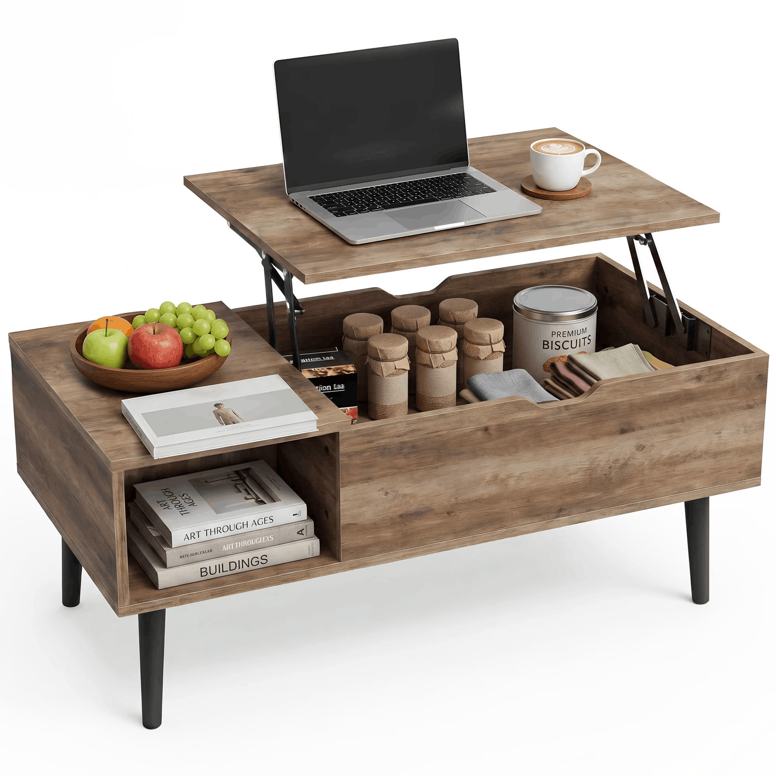 Gray Wooden Lift Top Coffee Table w/Hidden Compartment,for Small Homes,Apartment