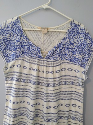 Lucky Brand M Embroidered Geometric Print Tee Cream & Royal Blue Cap Sleeve Boho