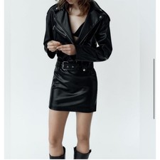Zara Faux leather Collared belted moto mini dress Y2K goth sz S