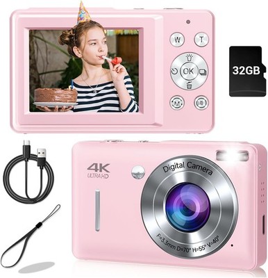 Digital Camera 44MP 1080P Compact Point and Shoot 16X Zoom Pink for Kids Teens