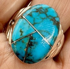 Navajo Inlay Natural Turquoise Men's Ring  Sz 11 Sterling  M Lincoln 9g