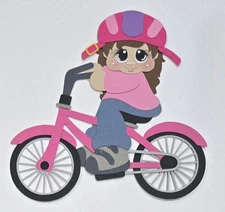 Pink Bike Girl Dark Brown Hair. Scrapbook, Card Making Paper Piecing