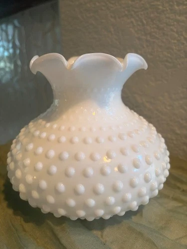 Vintage Fenton White Milk Glass Hobnail 5" Ball Vase Ruffled Edge Double Crimped