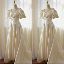 Satin Victorian Wedding Dresses 1960s Short Sleeves Beige Vintage Bridal Gowns