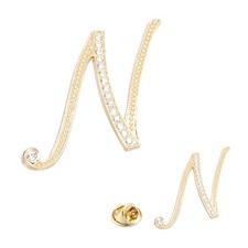 Letter Brooch Pins, 2 Sizes Rhinestone Alphabet N Letter Badges Pin, Gold Tone