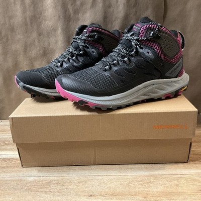 Women s Merrell Antora 3 Mid WP Boots Black Fuchsia 6 M Hiking Shoes Sneakers