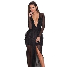 House of CB London Blanca Sheer Shimmer Maxi Chiffon Dress in Black Small