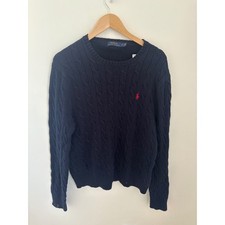 Polo Ralph Lauren Mens Navy Blue Cable Knit Cotton Crew Neck Sweater Large Logo