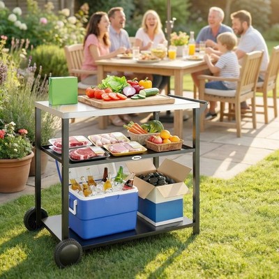 Outdoor Grillwagen mit Edelstahlplatte, zweistufiger Pizzaofenständer, schwarz