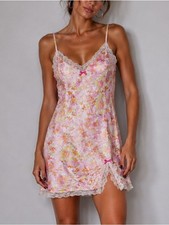 Y2K Victoria  s Secret Floral Slip Dress Size Medium Vintage Lace Bows Pink