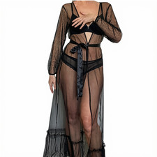 (S-3XL) Sexy Glamour Mesh Lace Sheer Long Sleeve Robe Gown With Belt