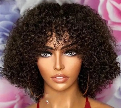 100 % BRASILIANISCHE REINES MENSCHLICHES HAAR WEAR-AND-GO BOB BANG PERÜCKE WASSERWELLE 10'' SCHWARZ 1B