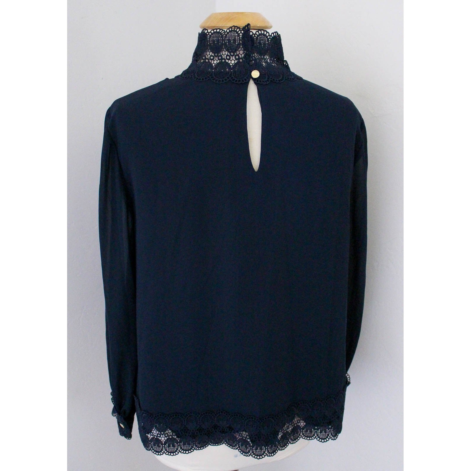 Ted Baker Top Womens Size 5 Blue Lace High Neck Sheer Sleeves Relaxed Cailley