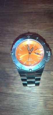 Seltene große analoge Android Automatik Herrenuhr, leuchtend oranges Zifferblatt