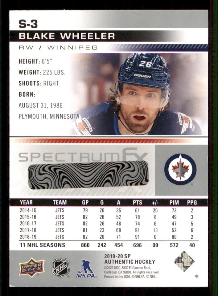 2019-20 SP Authentic Spectrum FX #S3 Blake Wheeler - Image 2 of 2