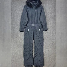 Vintage Obermeyer Snow Ski Suit Womens 8 Black Hooded Faux Fur Trim One Piece