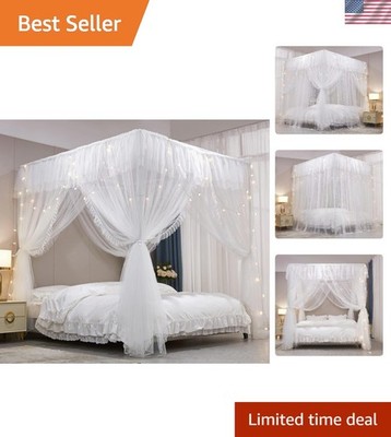 4 Corners Post Ruffle Princess Bed Canopy Curtain-Double Layer Cozy Drape Net...