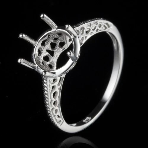 925 Sterling Silver Vintage Art Deco Filigree Semi Mount Ring 6mm Round Setting