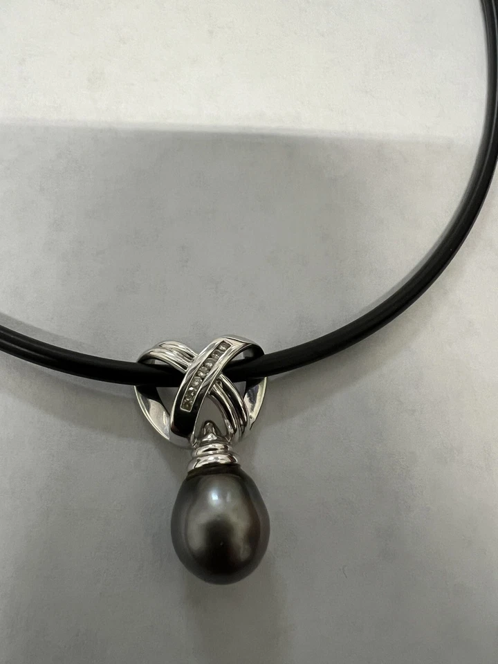 Gargantilla Diamante Perla de Tahití, Oro Blanco 14k 12,75 Gr, en Cordón Italiano DW O,14ct Foto 3 de 3
