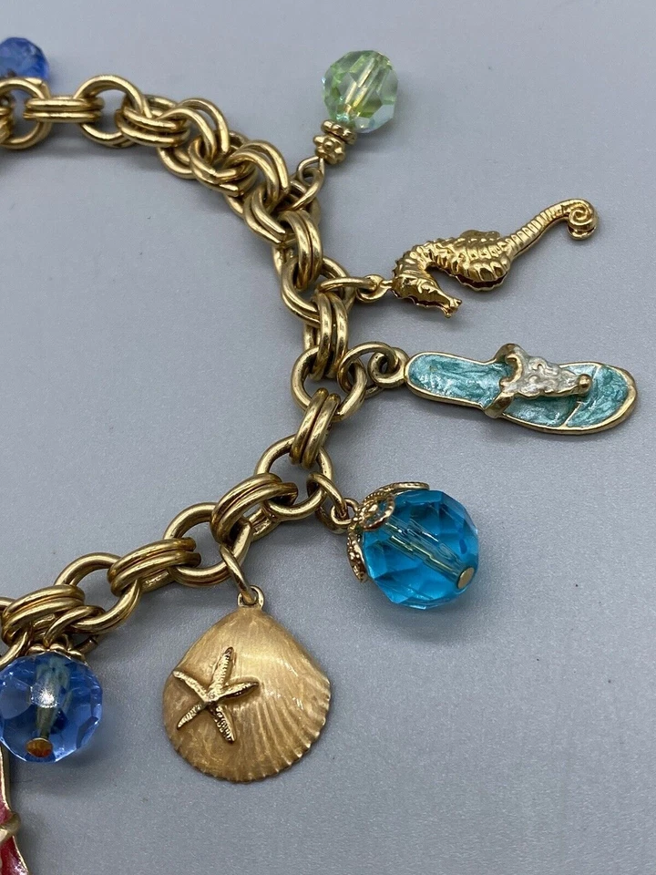 Kirks Folly Gold Tone Enamel Charms Bracelet Ocean Sea Shell Summer Vacation - Image 4 of 4
