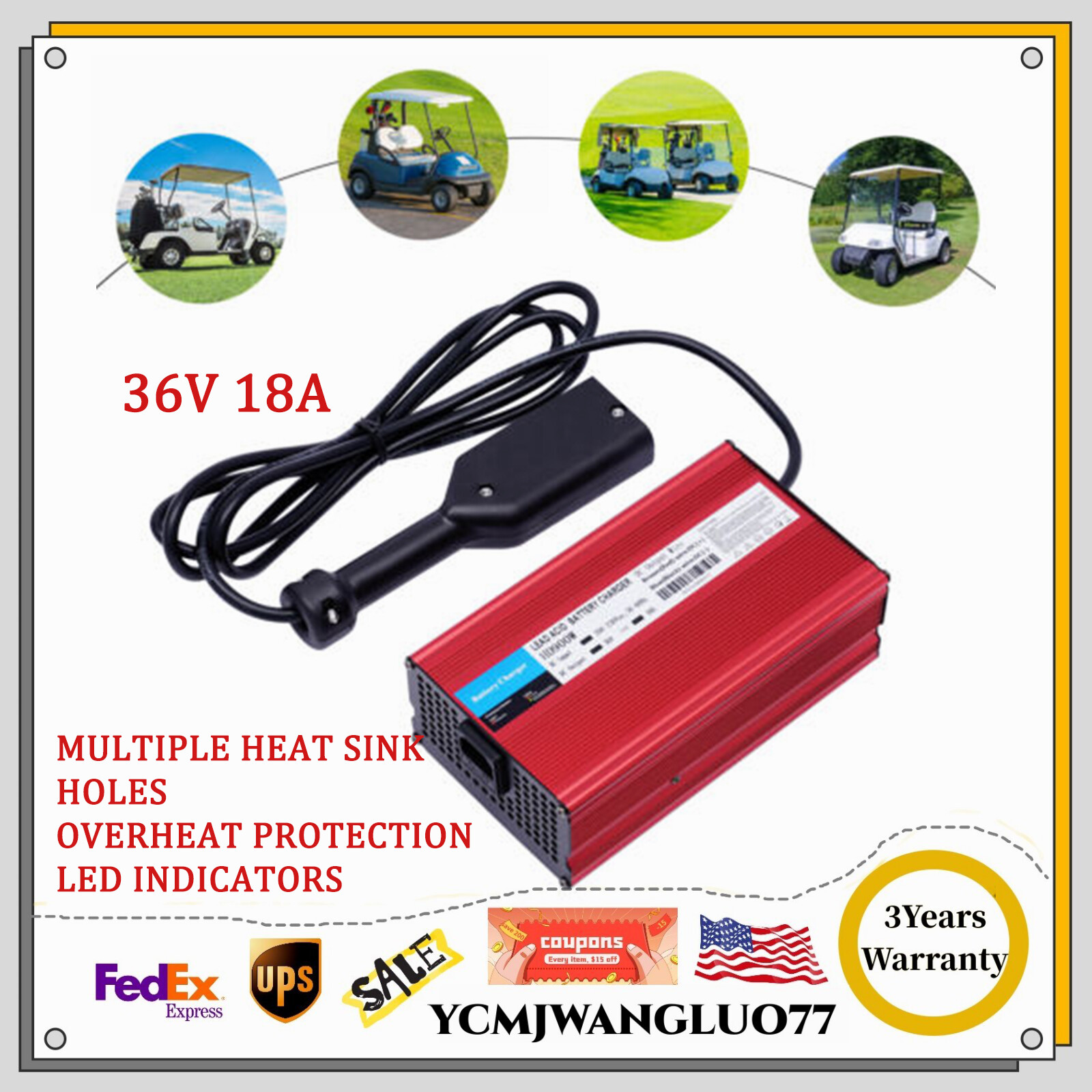 For EZGO TXT 36V 18A Golf Cart 1996 -2023 Battery Charger D Style w/ Power Cord