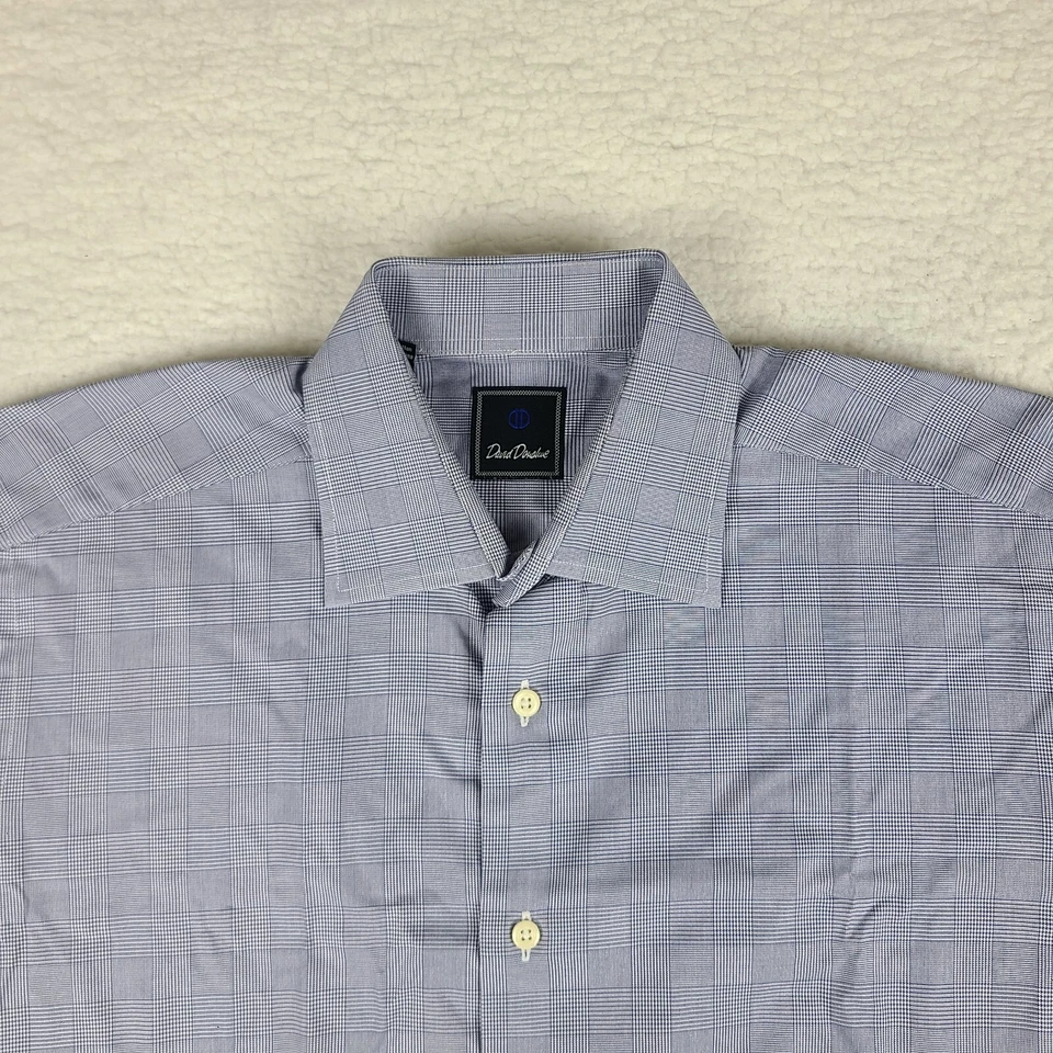 Camisa de vestir David Donahue para hombre 16 34/35 azul a cuadros 100 % algodón abotonada Foto 4 de 4
