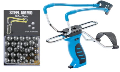 High Velocity SlingShot Hunting Package 30pc Metal Ammo Auto Feed System Blue