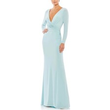Mac Duggal Ieena 26573 Long Sleeve Ruched V-Neck Gown, Powder Blue, 6
