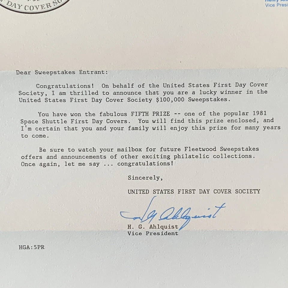 1981 FDC SWEEPSTAKES 5TH PLACE PRIZE SPACE SHUTTLE FIRST DAY COVER WITH LETTER - Image 2 of 3