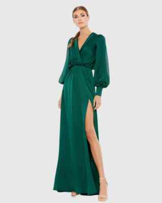 NEW, Mac Duggal Green Bishop Sleeve Faux Wrap Gown Size 4 #MD485