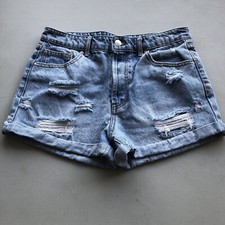 Forever 21 Cuffed Short Women's Size 26 Blue Mid Rise Button Fly Distressed