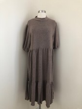 New Zara Womens Ruffle Shift Puff Sleeve Midi Soft Feel Dress Mink Grey Beige L