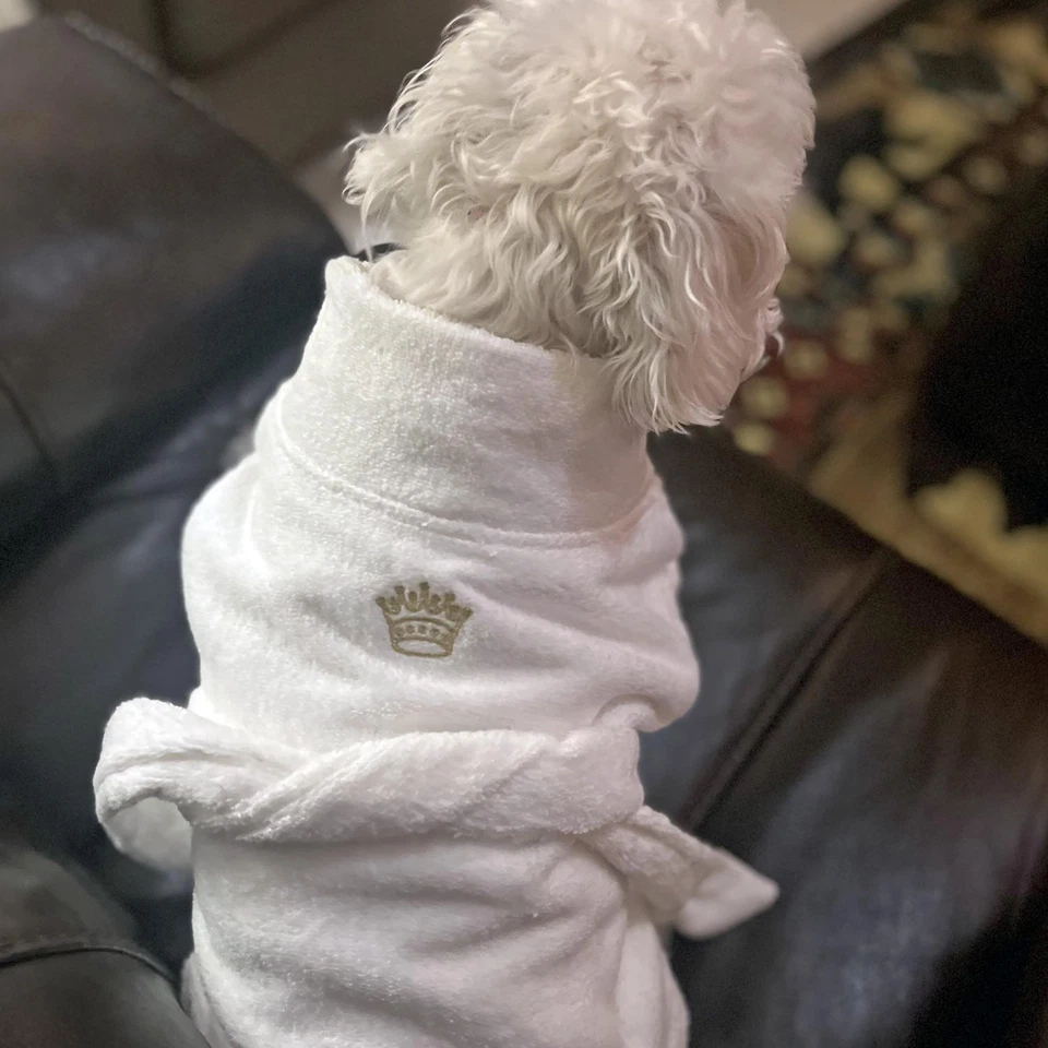NEW Turkish Cotton Dog Bathrobe White Gold Crown Doggie Design X-Small