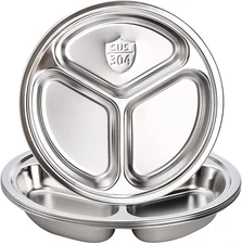 4 Pack Stainless Steel round Divided Plates, 9.5 Inch Dinner Snack Plates with 3