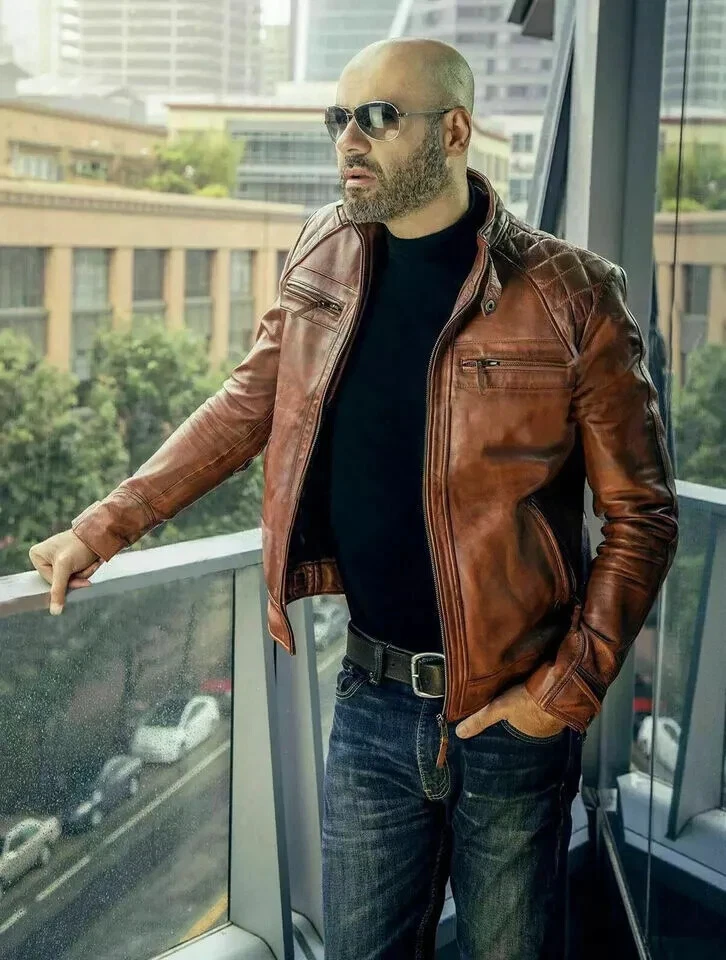 Men’s Motorcycle Vintage Cafe Racer Biker Distressed Brown Real Leather Jacket