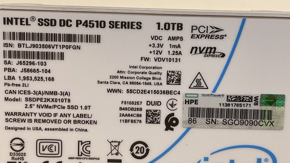 SSD HPE Intel 1TB DC P4510 NVMe U.2 x4 RI 2.5 1 DWPD 30 a 100% lectura intensiva Foto 3 de 4