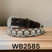 WB2585 RANGER BELT BROWN LEATHER COWHIDE SILVER BERRY CONCHOS ROPE 42 HEAVY