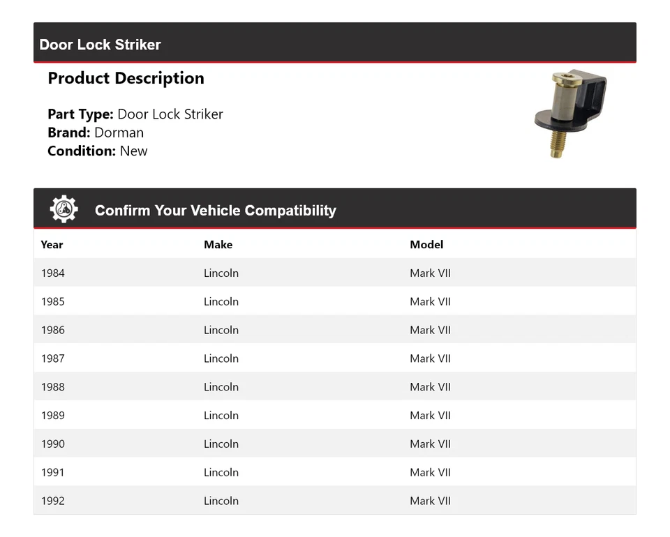 Cerradura de puerta para Lincoln Mark VII Dorman 1984-1992 Striker 1985 1986 1987 1988 1989 Foto 2 de 4