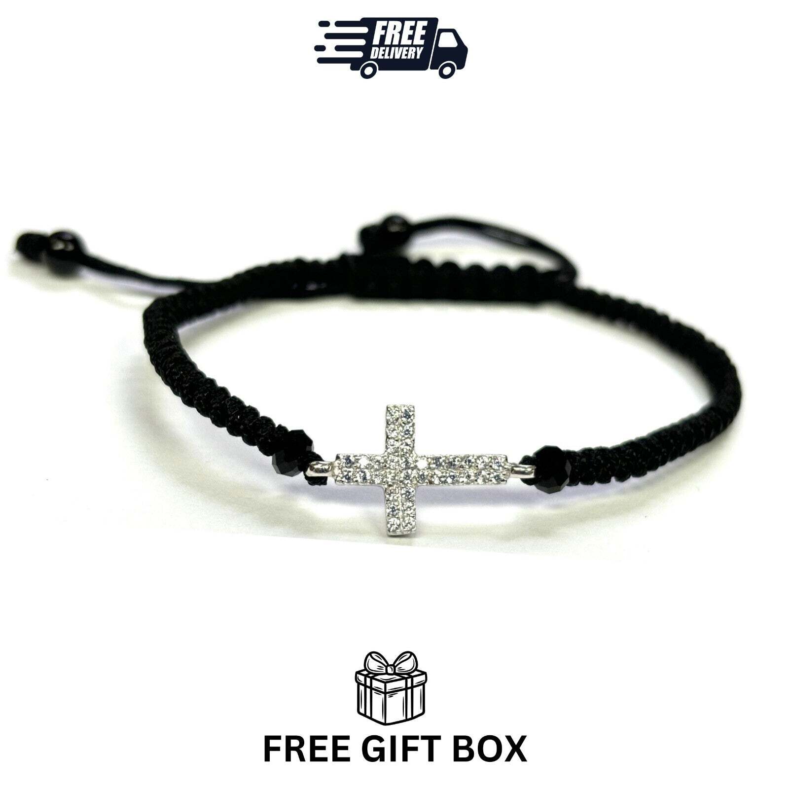 925 Sterling Silver Cross CZ Bracelet Adjustable 6-11 Inches