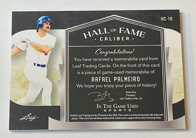 2022 Leaf ITG Hall Of Fame Caliber Relic Rafael Palmeiro Rangers 5
