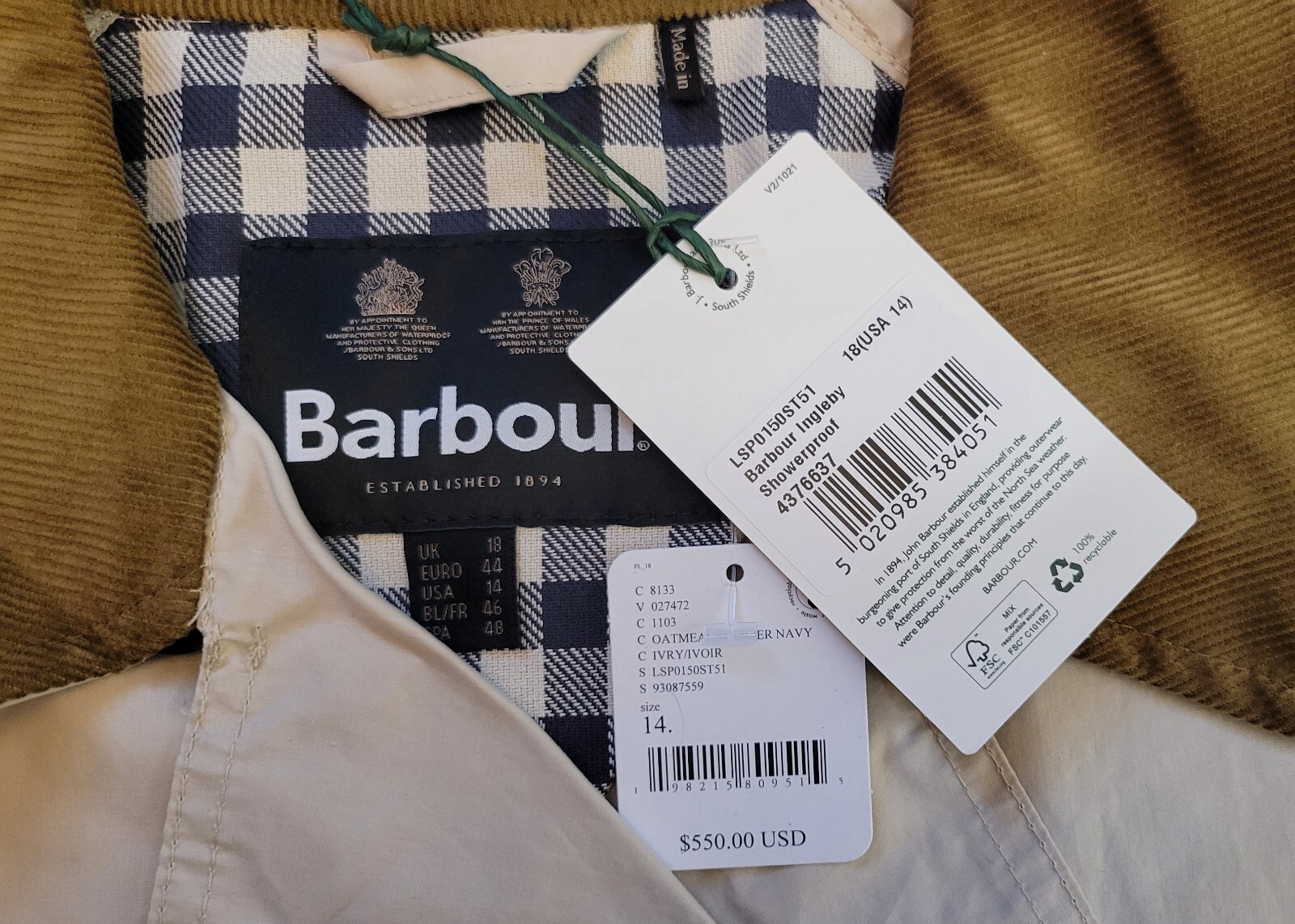 Free People Barbour Ingelby Beige Trench Coat NWT Size 14 image 8