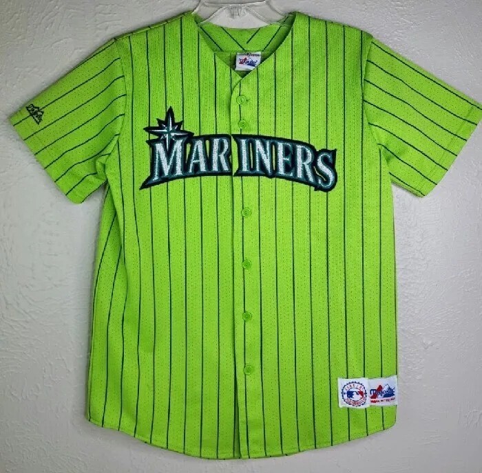 Vintage Majestic Seattle Mariners Youth XL Striped Jersey Applique