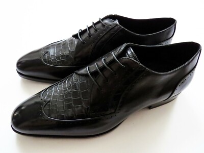 $2600 STEFANO RICCI Black Crocodile Leather Trim Oxford Shoes