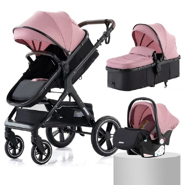 Poussette 3 en 1 Bébé Combinée Siège-Auto Nacelle Trio Réversible Réglable . ROSE